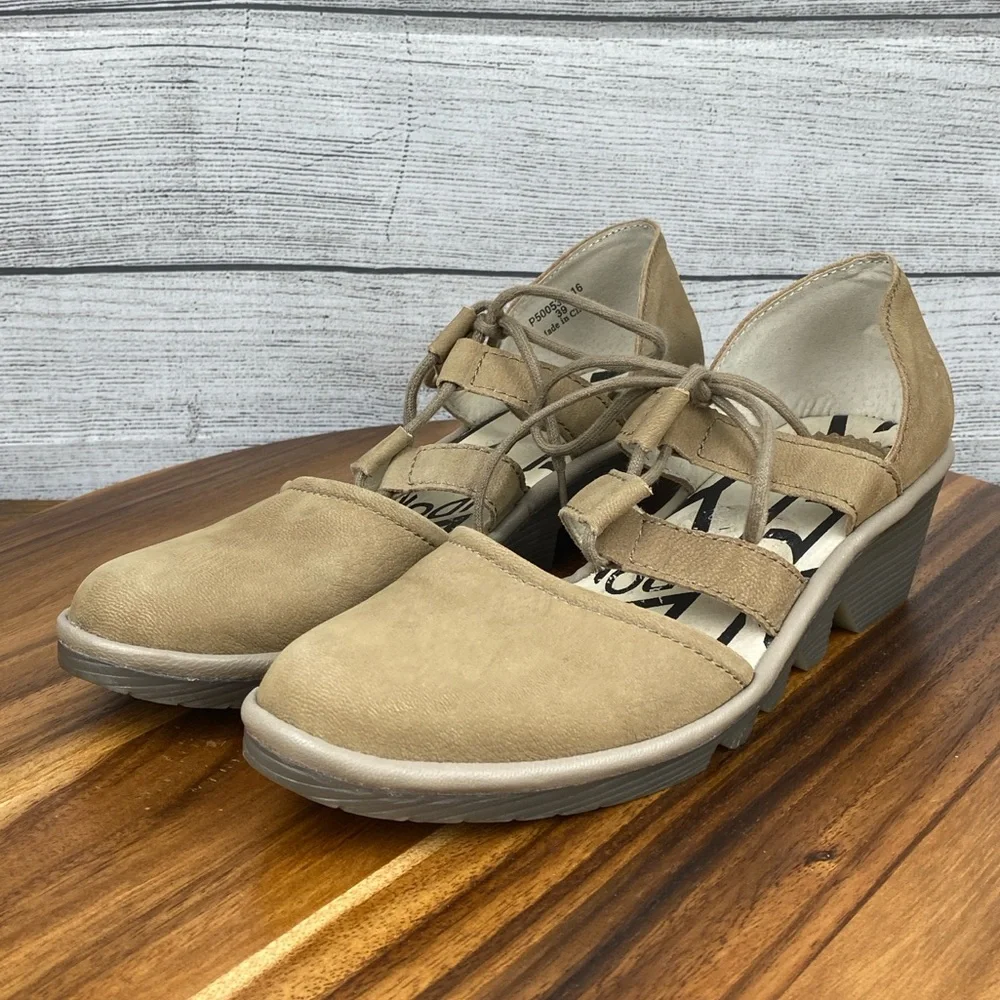 Fly London Poma Tan Nubuck Leather Lace Up Wedges Women’s Shoe Size 8.5 EU 39